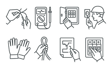 Electrical safety linear icon set. wiring, circuit, and equipment protection symbols