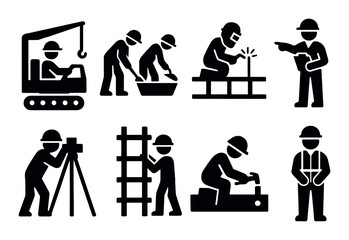 Construction worker silhouette icon set. builder and contractor job symbols