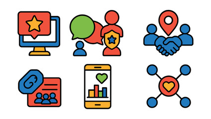 Flat vector icons of brand community and engagement: branded forum icon, user interaction bubble, brand ambassador badge, event meetup symbol, collaboration tag, engagement tracker, community feed,