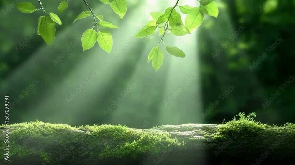Poster sunlight filtering through a lush, green forest canopy, illuminating a moss-covered forest floor in 