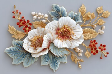 Ornate embossed flower art with golden leaves sculpted petals and baroque botanical detailing high resolution image