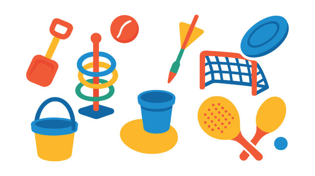Flat vector icons of beach games: sand shovel, bucket, ring toss, ball toss, beach darts, mini goal net, racquet game, frisbee throw.