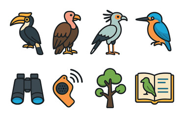 Birdwatching flat icon set. ornithology, nature, wildlife observation symbols