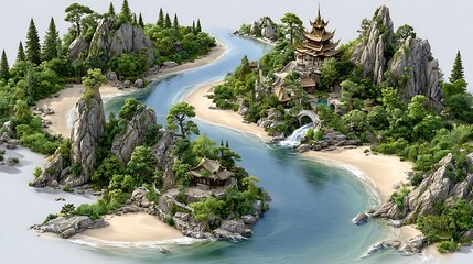 Scenic nature panorama with coastal waters rocky peaks and lush forest terrain in summer light high resolution image