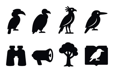 Obraz premium Birdwatching silhouette icon set. avian observation and nature symbols