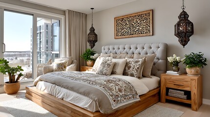 Serene global bedroom interior with nature-inspired decor earth-tone palette and lush greenery high resolution image
