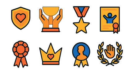 Flat vector icons of volunteer recognition awards: community service badge, helping hands trophy, kindness star medal, outreach success certificate, charity event ribbon, humanitarian crown prize,