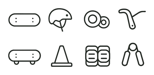 Skateboarding flat icon set. boards, gear, and safety symbols for sports enthusiasts