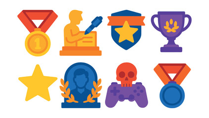 Flat vector icons of esports career milestones: rookie of the year medal, pro player signing trophy, team captain appointment badge, coach of the year award, most improved player star, esports hall