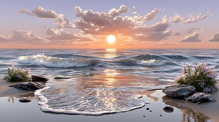 Serene seascape at dusk with flowering rocks pastel sky and rolling waves in golden light high resolution image