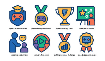 Fototapeta premium Flat vector icons of esports training and coaching: esports academy badge, player development medal, reaction speed training trophy, esports strategy class star, coaching session icon, team practice