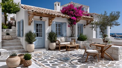 Traditional Cycladic architecture with floral vines blue doors and peaceful stone courtyard high resolution image