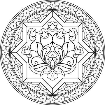Abstract Barbary fig drawn in Turkish hatai style. Floral motifs black outline mandala. Coloring page design for kids and adults