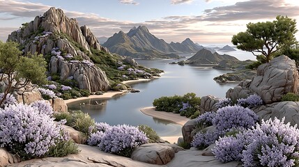 Vibrant river corridor winding through blooming rocky terrain high resolution image