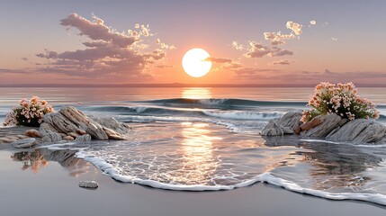 Vibrant seaside blooms and surf splashes illuminated by warm sun descending over calm sea high resolution image