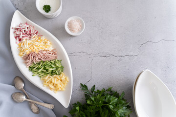 Prepared ingredients ready to be mixed in okroshka