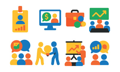 Flat vector icons of financial community and networking: investor meetup badge, online finance forum, community portfolio icon, stock club table, financial group chat, knowledge sharing icon,