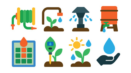 Flat vector icons of watering and irrigation: watering hose reel, drip irrigation tube, sprinkler head icon, water barrel system, watering schedule board, plant moisture meter, morning watering