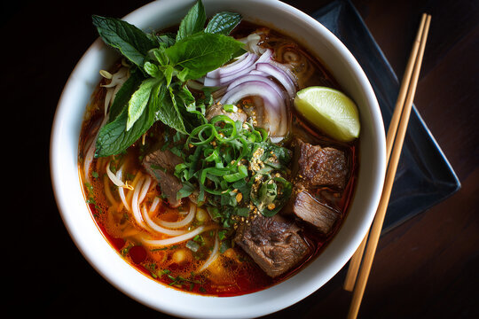 Bun bo hue spicy noodle soup close-up