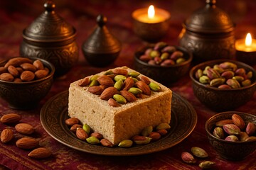 Fototapeta premium Traditional Indian sweet barfi garnished with almonds and pistachios, served on ornate metal plate with festive decor, perfect for Diwali and cultural celebration themes