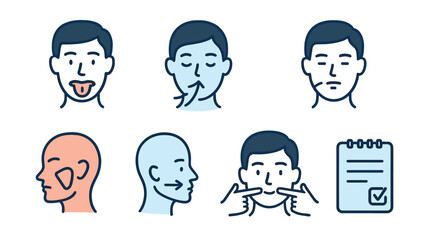 Outline with Fill vector icons of myofunctional therapy: tongue posture icon, nasal breathing, lip seal, chewing muscles, swallow correction, facial exercises, trainer device, therapy log.