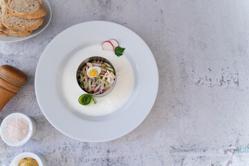 Ready to serve tasty okroshka on light gray background