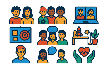 Flat vector icons of startup teams and collaboration: founder duo, cross-functional team, remote startup team, shared mission board, team stand-up icon, startup workspace, co-founder avatar,