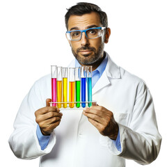 Scientist with test tubes, lab glassware and colorful liquids, cut out transparent