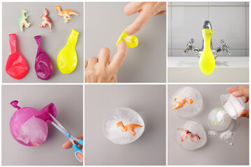 Plastic dinosaur toys inserted into balloons, frozen in water, then removed and used in melting experiment with salt. Step-by-step craft and science activity. Studio composition.