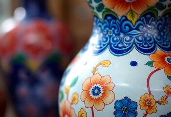 close up of a vase with flowers painted on it