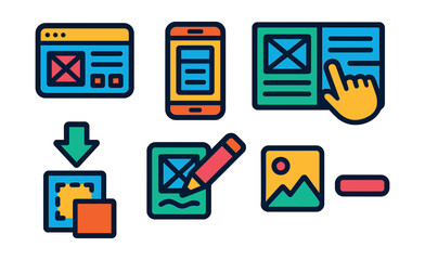 Flat vector icons of design wireframing tools: desktop wireframe tool, mobile wireframe icon, low-fidelity layout, interactive wireframe screen, drag-and-drop block, pencil sketch UI, placeholder