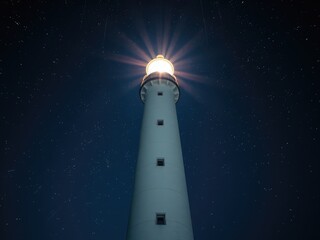 Starry Night Sky with Guiding Lighthouse Beam