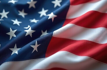 American flag with beautiful folds in a close-up view. Red, white and blue colors. Stars and stripes of US flag. Independence Day on July 4. Celebrate US national holiday, patriotism symbol.