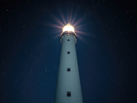 Starry Night Sky with Guiding Lighthouse Beam