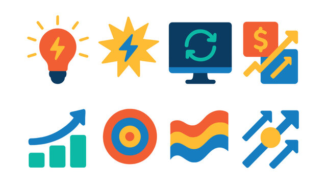 Flat vector icons of transformation and disruption: disruptive idea icon, breakthrough moment spark, system reboot screen, business model disruption, market shift arrow, innovation ripple icon,