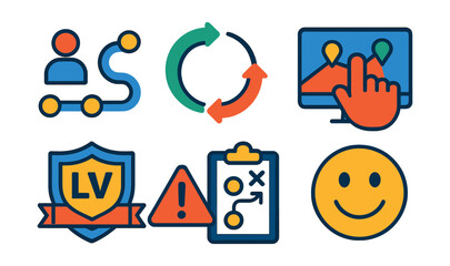 Flat vector icons of customer experience and retention: customer journey icon, retention loop, service touchpoint map, user experience icon, lifetime value badge, churn warning symbol, retention