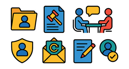 Fototapeta premium Flat vector icons of client services and representation: client folder, legal briefing, client consultation icon, service agreement, retained client badge, case update icon, document delivery, client