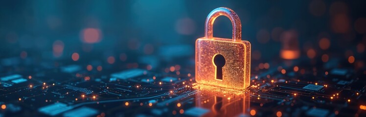 Digital lock symbol on circuit board. Cybersecurity data protection, information privacy, and network safety concept. Padlock icon on virtual interface background. Protection against online threats.