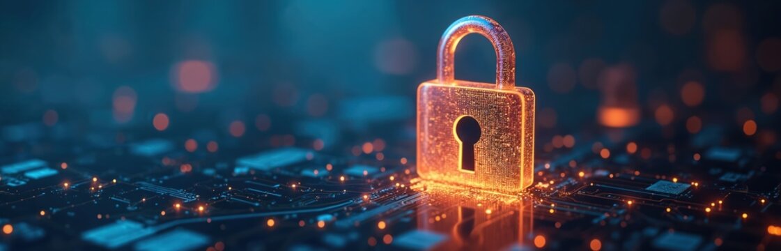 Digital lock symbol on circuit board. Cybersecurity data protection, information privacy, and network safety concept. Padlock icon on virtual interface background. Protection against online threats.