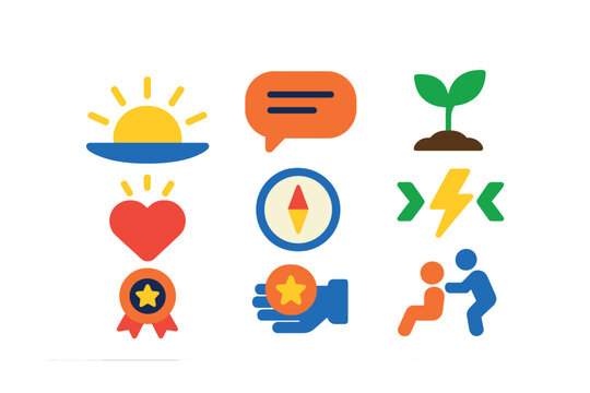 Flat vector icons of motivation and inspiration: rising sun icon, motivational quote bubble, inspired heart, self-growth sprout, focus compass icon, energy boost symbol, encouragement badge, gentle - Powered by Adobe