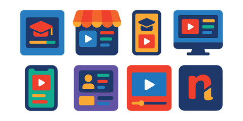 Flat vector icons of e-learning platforms and apps: e-learning dashboard icon, course marketplace, online learning app icon, learning portal screen, mobile course list, student dashboard, lesson