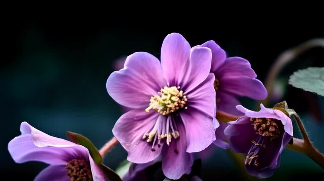 Close-up of several light purple hellebore flowers with visible stems, stamens, and green leaf against a dark background