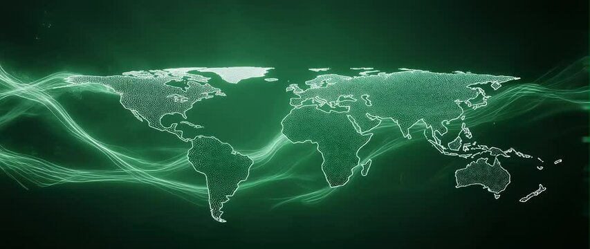 Anamorphic video Futuristic world map background with soft white and green color