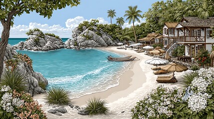 Naklejka premium Secluded bay with oceanfront villas lush gardens and tranquil turquoise waters high resolution image