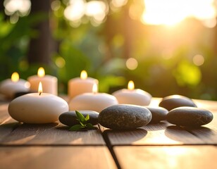 Peaceful scene of candles and stones outdoors