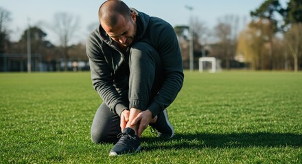 Man kneeling on grass holding his ankle after sports injury