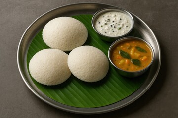 South Indian Idli with Coconut Chutney and Sambar on Banana Leaf