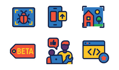 Fototapeta premium Flat vector icons of AR testing and prototyping: AR bug report icon, prototype screen with overlay, test scene icon, beta version tag, user testing icon, bug fix wrench, feedback popup, live debug