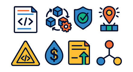 Flat vector icons of smart contracts: contract document with code, blockchain automation icon, code audit badge, trigger event symbol, verified contract shield, gas fee icon, contract deployment,