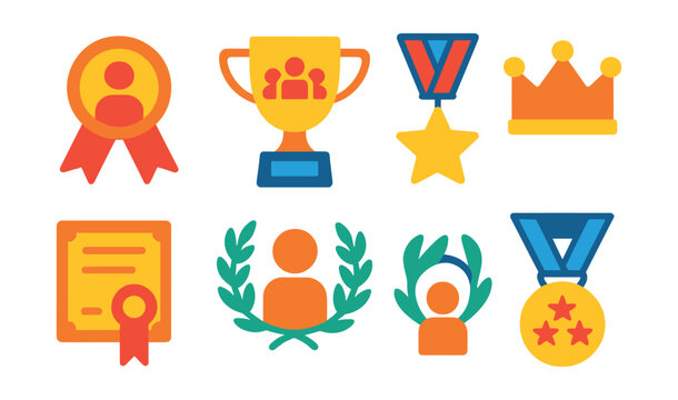 Flat vector icons of employee recognition awards: employee of the month badge, teamwork excellence trophy, innovation star medal, leadership crown icon, top sales award certificate, service
